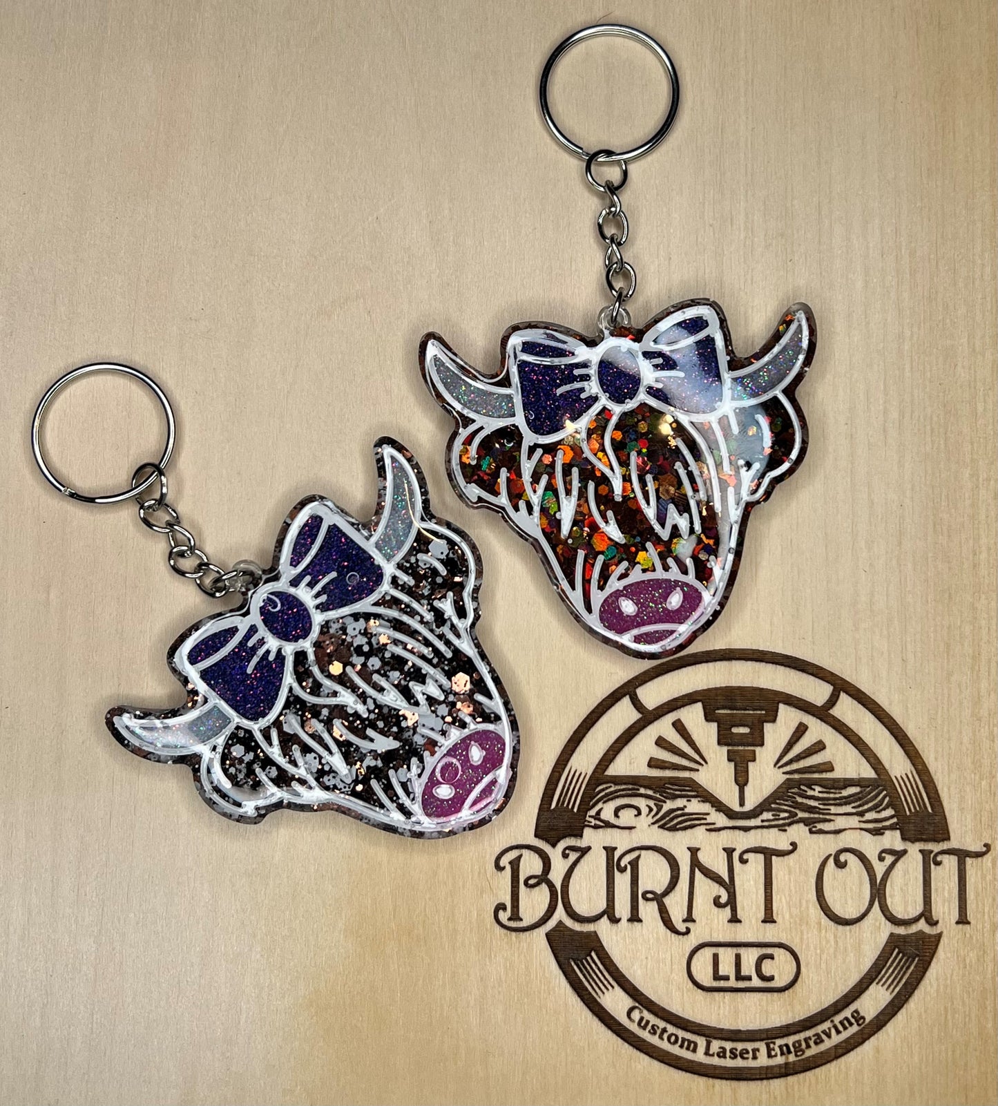 Resin Glitter Highland Cow Keychains